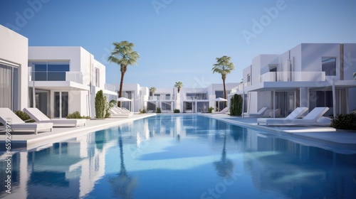 Contemporary Middle Eastern luxury villas in white and blue casting strong shadows on a sunny day © vxnaghiyev