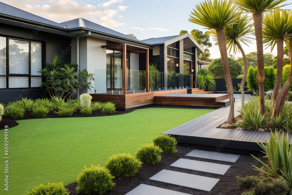 aerial view of A contemporary Australian home with a big grass yard