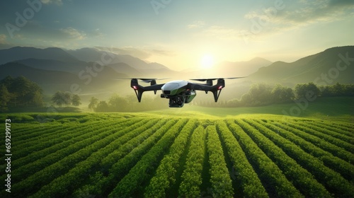 Drone in action over tea field at sunrise