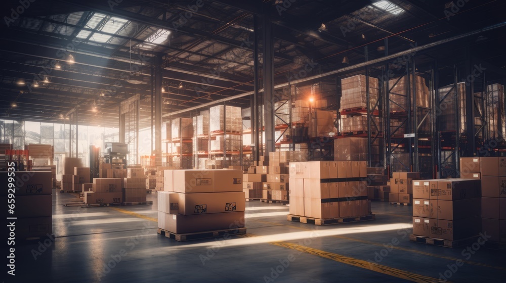 Blurry warehouse with boxes - obrazy, fototapety, plakaty 