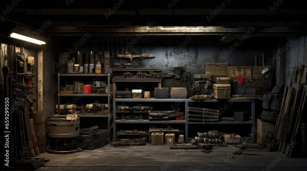 Different weapons and military gear stored downstairs