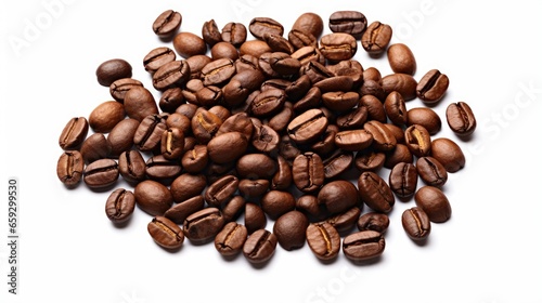 Coffee beans are stacked atop a white surface
