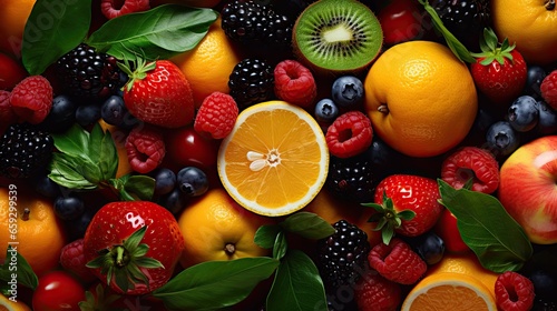 Assorted and colorful fresh fruits representing healthy eating against a fruity backdrop