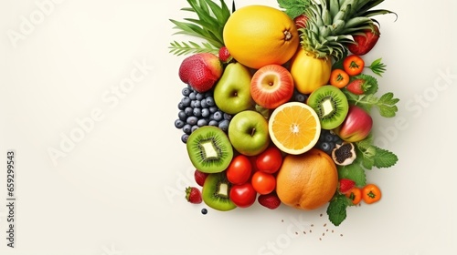Assorted tropical produce for healthy eating and grocery shopping Overhead view Flat lay