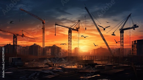 Cranes construct house amidst sunset and dark sky