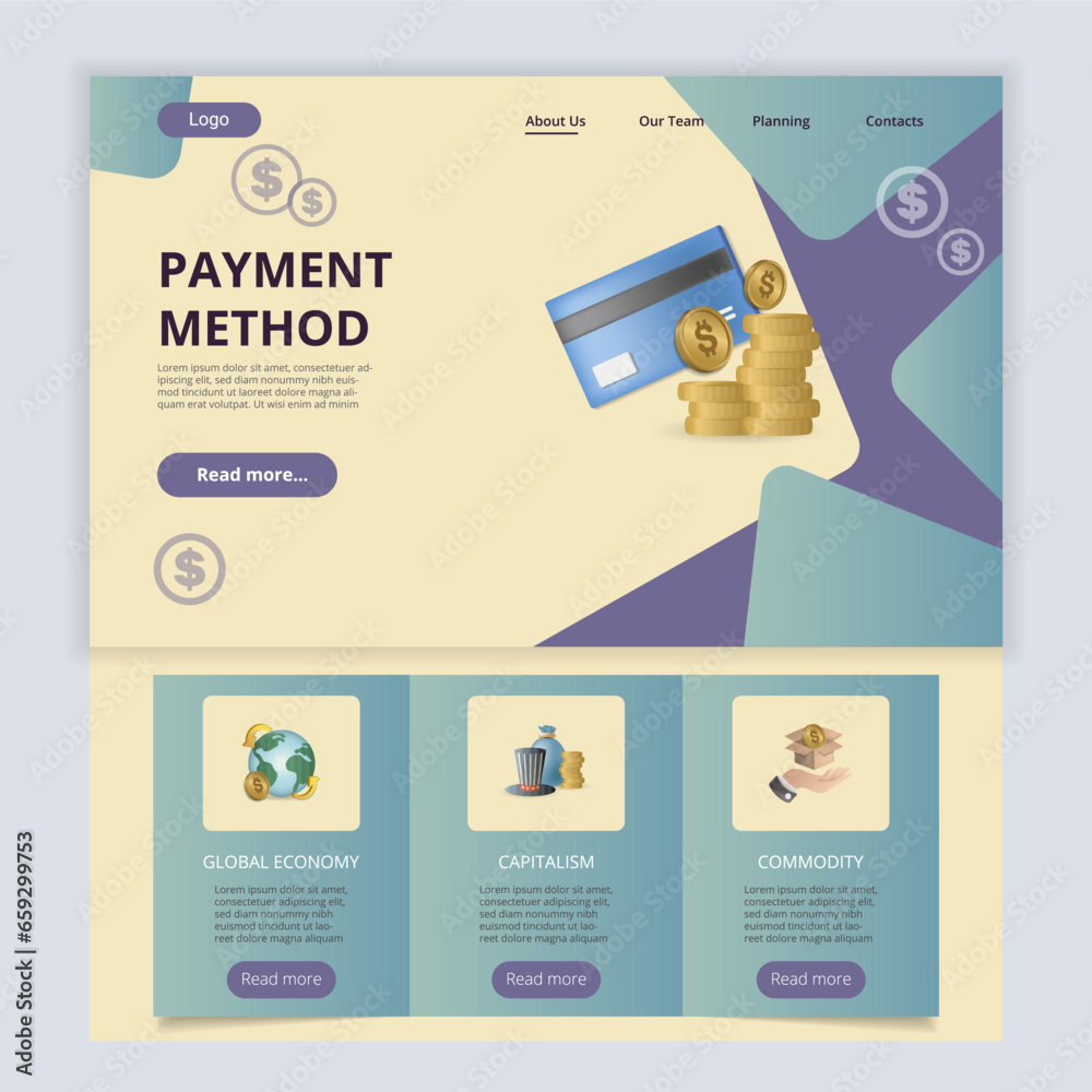 Fototapeta premium Payment method flat landing page website template. Global economy, capitalism, commodity. Web banner with header, content and footer. Vector illustration.