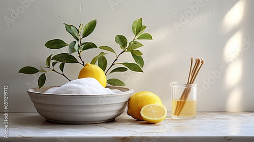 Cleaning supplies on table ...