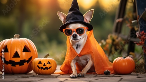Chihuahua dog with sunglasses and witch hat sitting on garden tile with pumpkin basket