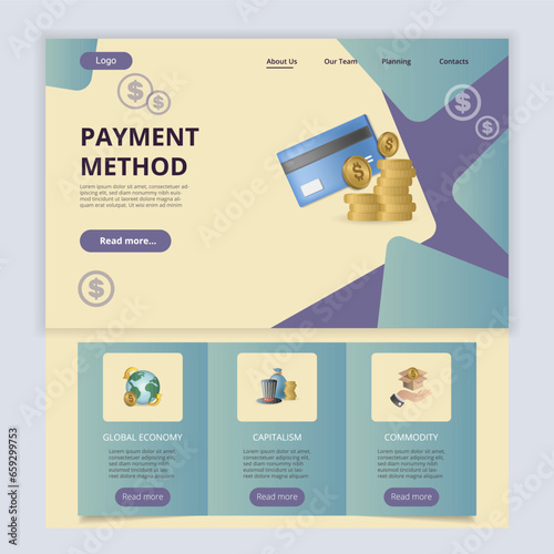 Payment method flat landing page website template. Global economy, capitalism, commodity. Web banner with header, content and footer. Vector illustration.