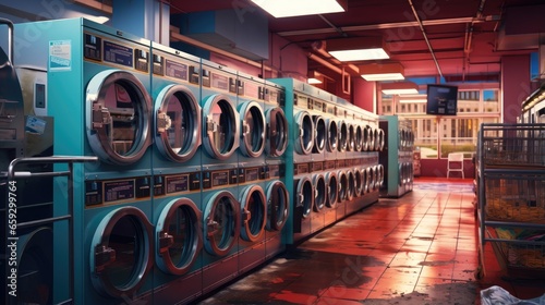 Array of industrial washers in the vast laundromat photo