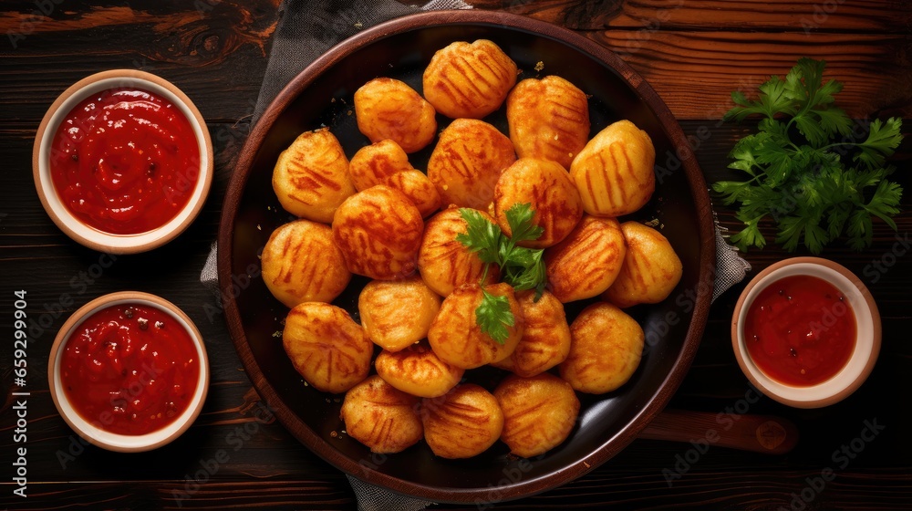 Canarian dish wrinkled potatoes with red spicy sauce on a wooden background Top view Canarian dish wrinkled potatoes with red spicy sauce on a wooden background Top view