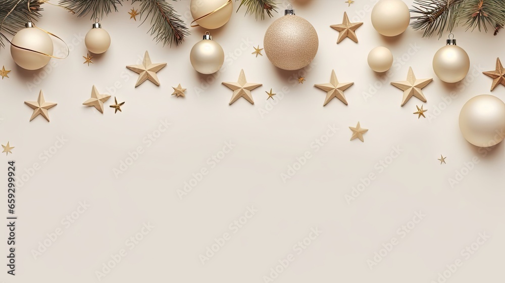 Fototapeta premium Boho Christmas banner design with balls stars fir branches on beige background Flat lay top view space for text