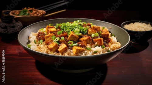 Asian Chinese vegan dish with tofu mushrooms and rice