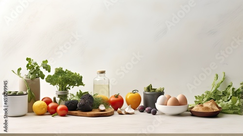 Arranged fruits vegetables and eggs on white table in kitchen healthy vegetarian food background and banner
