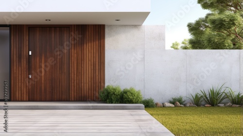 Obraz na płótnie 3D rendering of a modern home with green grass lawn wooden door entrance and empty white concrete wall w salonie