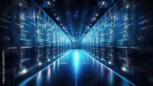 Data center and digital technology concept Communication network Science technology Wide angle visual for banners or ads