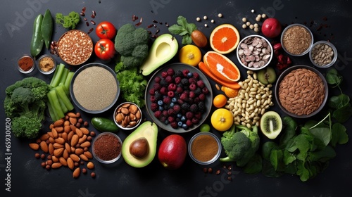 Assorted superfoods for a balanced diet on a dark background