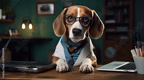 A beagle with glasses and a stethoscope looks like a doctor vet or professor representing animal health and education
