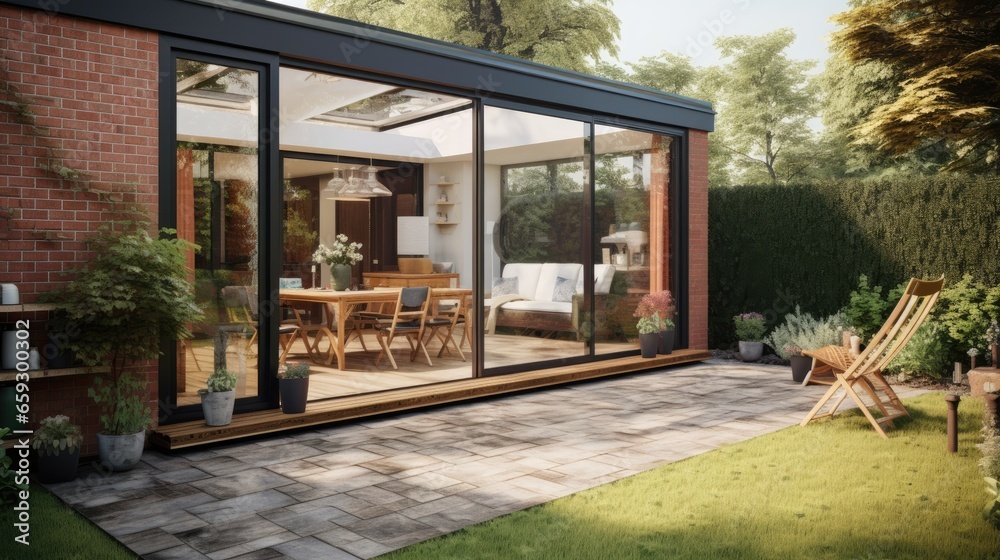 Contemporary sunroom or conservatory in the garden with a paved patio