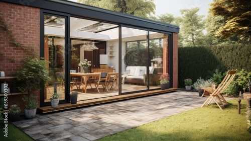 Obraz na płótnie Contemporary sunroom or conservatory in the garden with a paved patio