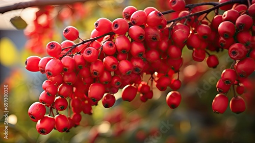 Autumn garden with ripe red berry barberries bitter Thunberg berberis fruits Ornamental plant for hedges acidic spice alternative medicine photo