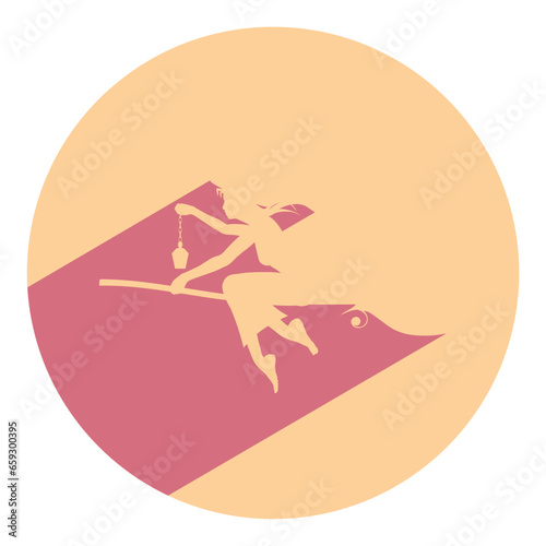 Illustration of flying young witch icon. Witch silhouette on a broomstick. Halloween relative image. Web icon in flat design with long shadows.