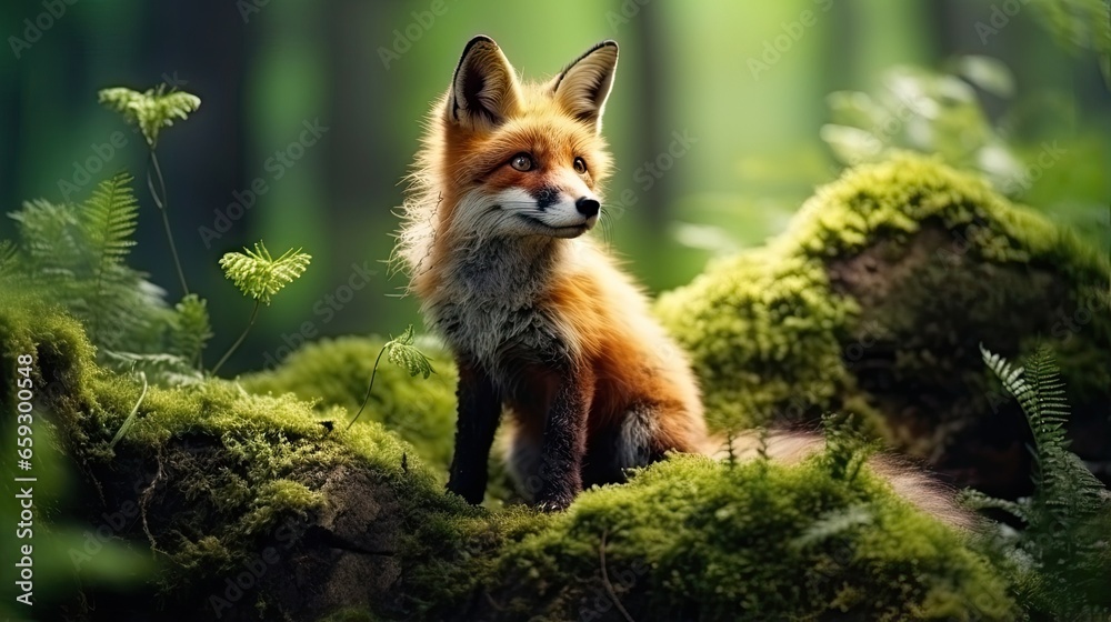 Cute red fox Vulpes vulpes in the green forest