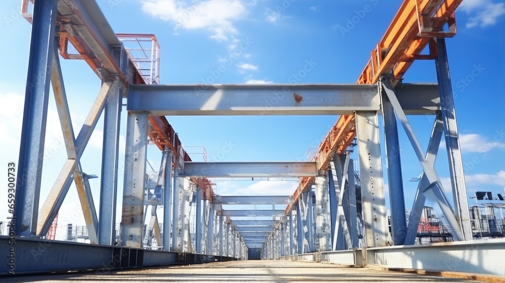 Construction of the steel building s pillars using a crane in a factory under the blue sky Construction of the steel building s pillars using a crane in a factory under the blue sky