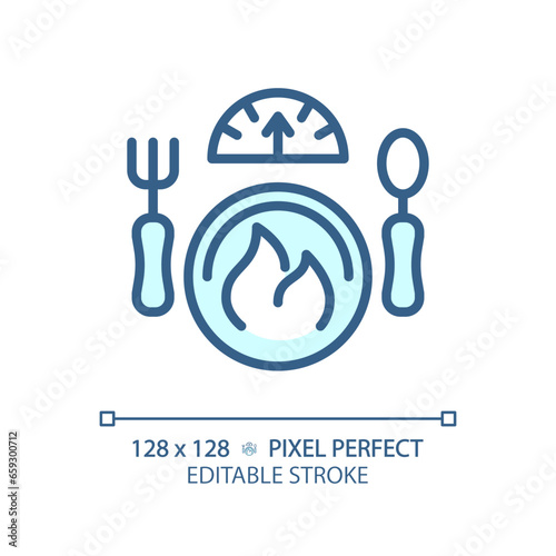 2D pixel perfect editable blue diet and weight icon, isolated monochromatic vector, thin line illustration representing metabolic health.