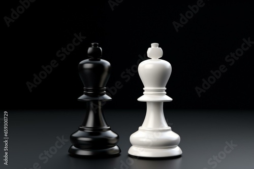 Chess concept: white queen, black pawn on black background. 3D render. Generative AI