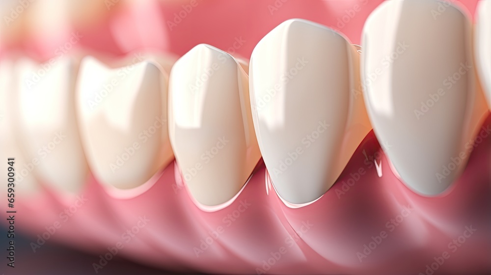 Close up of ceramic dental veneers on lower row of artificial teeth
