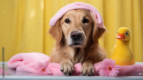 A golden retriever bathes i...