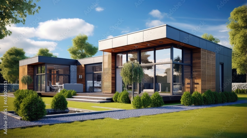 3D rendering of contemporary boxes with lawn and blue sky