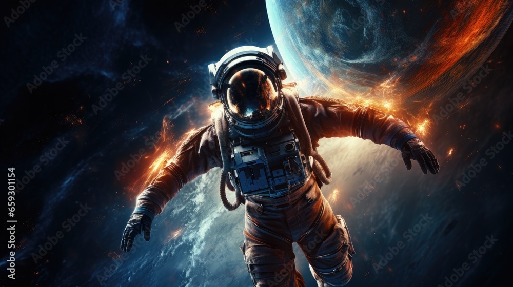 Fototapeta premium Astronaut in spacesuit with stars nebula and galaxy around