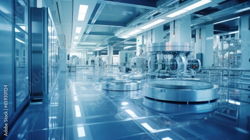Automated material system lines for wafers in semiconductor production fab cleanroom photo