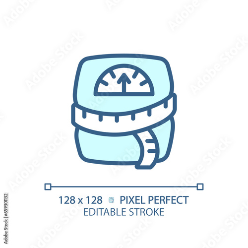 2D pixel perfect editable blue weight scale with tape measure icon, isolated monochromatic vector, thin line illustration representing metabolic health.