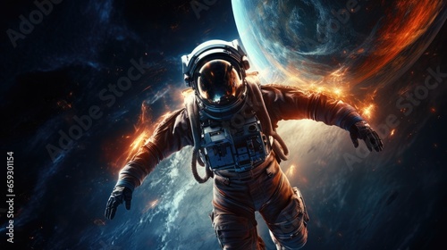 Astronaut in spacesuit with stars nebula and galaxy around © vxnaghiyev