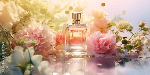Tender stylish perfume composition, bottles of perfume and flowers, pinkish illustration