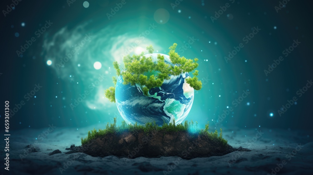 Earth tree with blue abstract background representing Environmental Technology Earth day Energy saving Environmentally friendly csr and IT ethics Elements provided by NASA - obrazy, fototapety, plakaty 