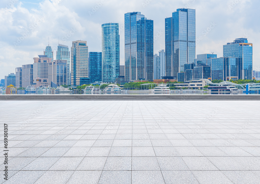 financial district buildings of shanghai and empty floor in sunny day financial district buildings of shanghai and empty floor in sunny day