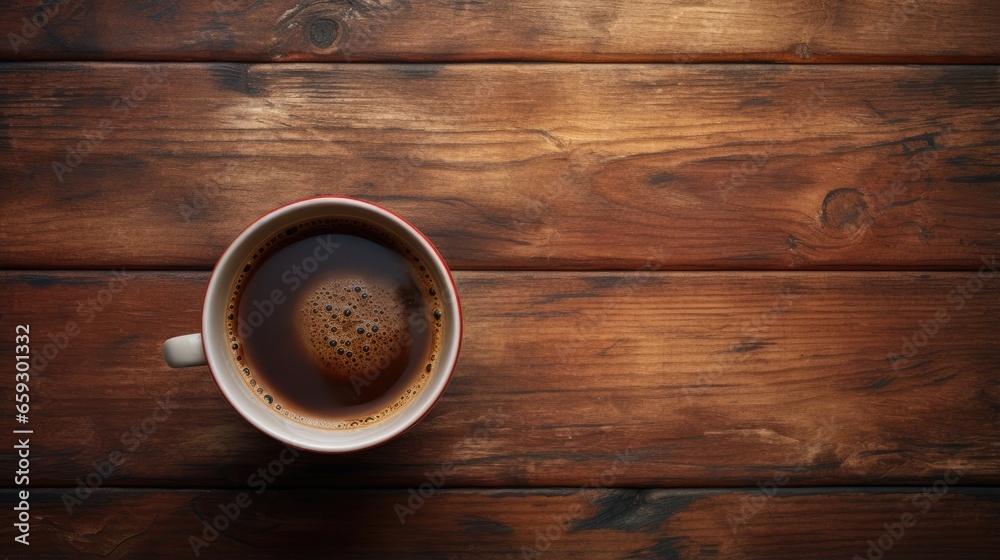 Aerial perspective of coffee cup on aged wood Aerial perspective of coffee cup on aged wood