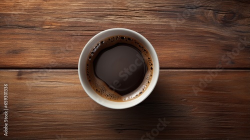 Aerial perspective of coffee cup on aged wood