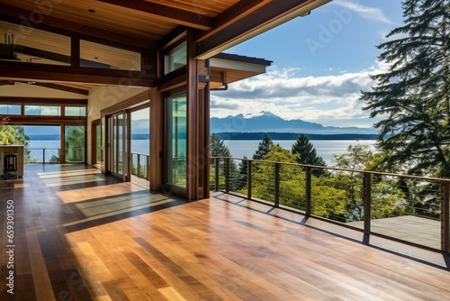 Contemporary wooden home with expansive views and ample access. Generative AI