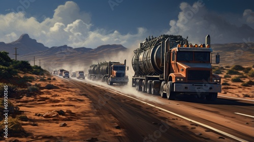 A group of vehicles exploring for oil on the road