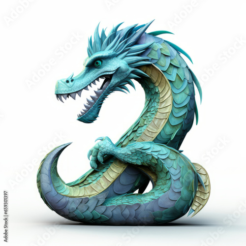 Green Wood Dragon whose wings and feathers make a cursive number 2. Green wooden dragon symbol 2024. New Year and Christmas concept . Chinese new year 2024 year of the green Wood dragon