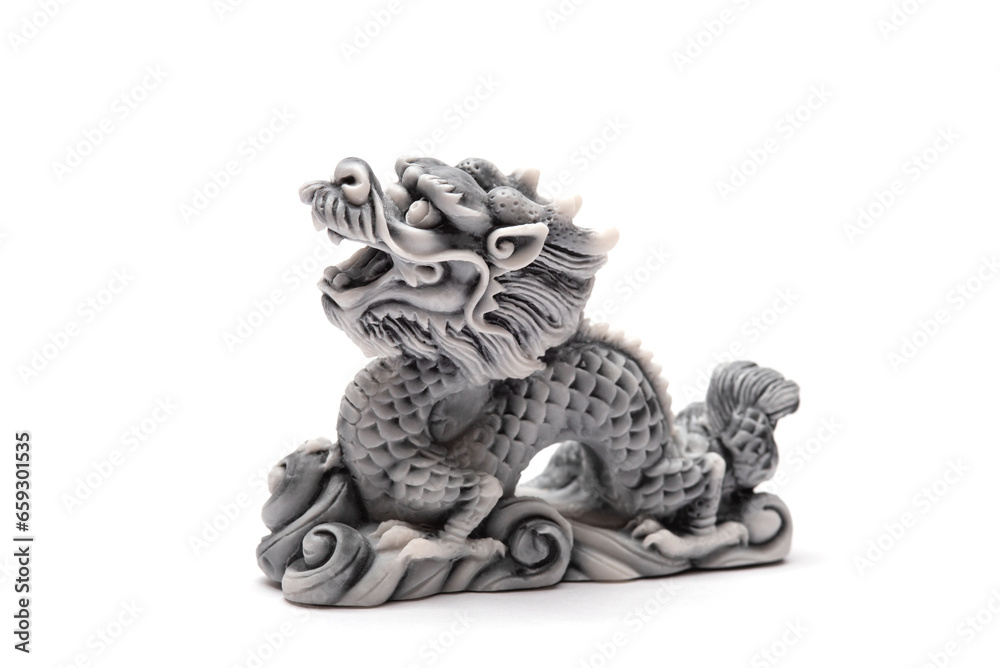Gray dragon statue isolated on a white background. The symbol of 2024. Happy Chinese New Year. Gray dragon statue isolated on a white background. The symbol of 2024. Happy Chinese New Year.