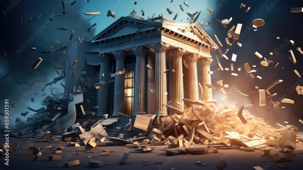 Bank building collapses causing bankruptcy and a financial crisis Customers lose money after bank goes bankrupt Illustration depicting the situation - obrazy, fototapety, plakaty 
