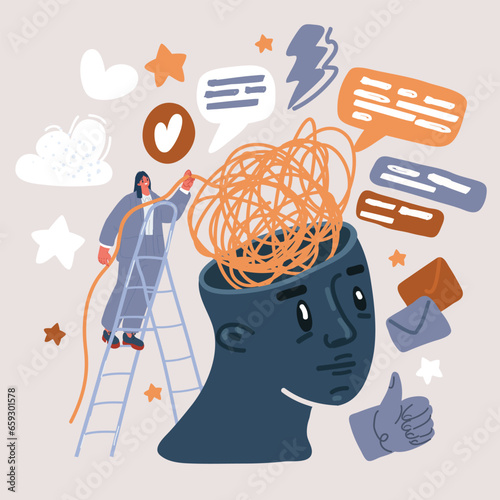 Vector illustration of Help tangled minds. Woman unravel disorder mental threads, treatment anxiety mind obsessive brain psychology counseling