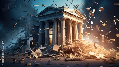 Foto Bank building collapses causing bankruptcy and a financial crisis Customers lose