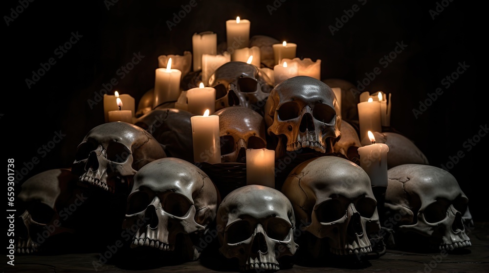Close up of a dark scene with candles and a human skull - obrazy, fototapety, plakaty 